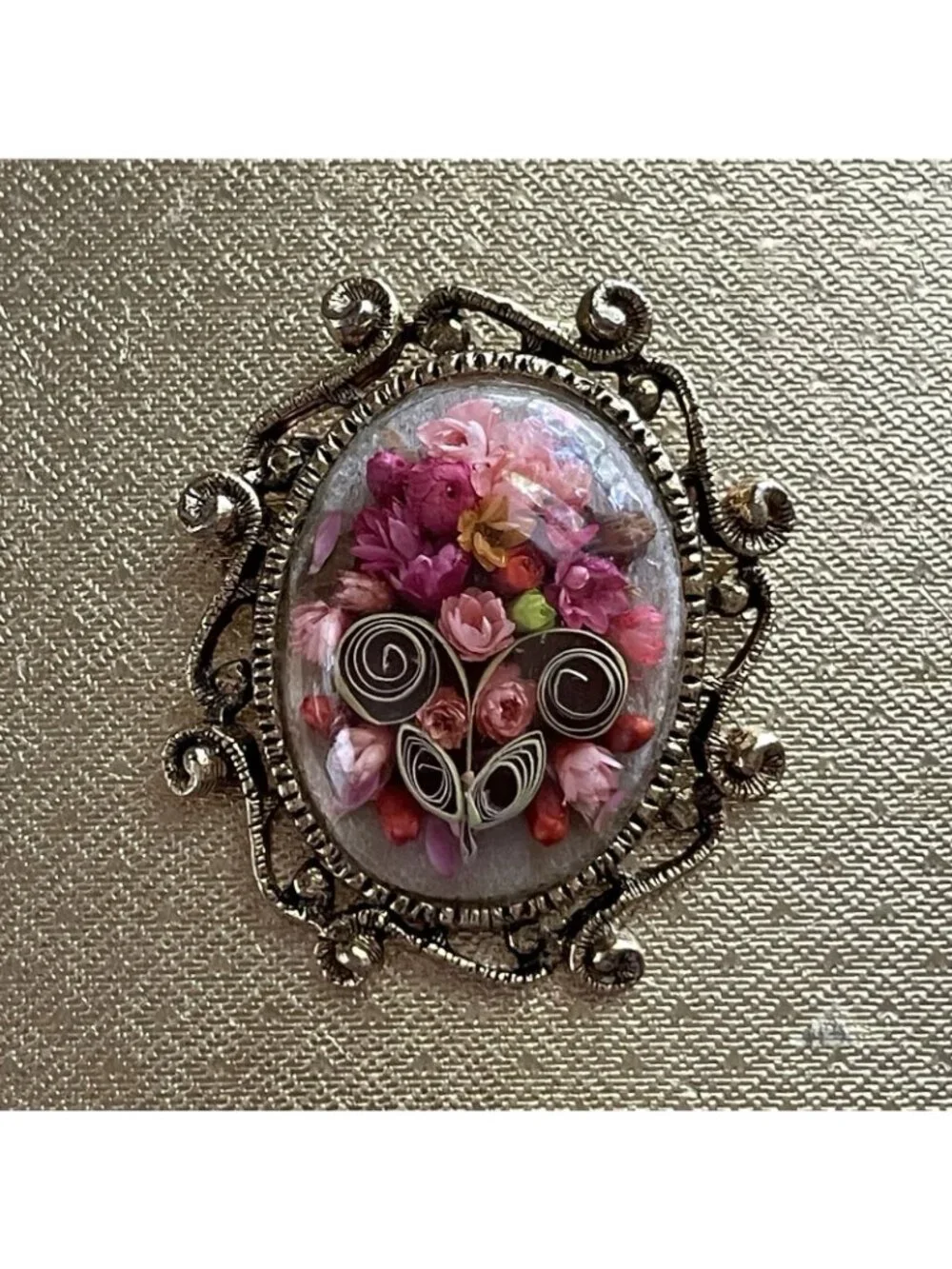 Vintage Floral Brooch Pendant Dried Paper Quilling Flowers Victorian Revival